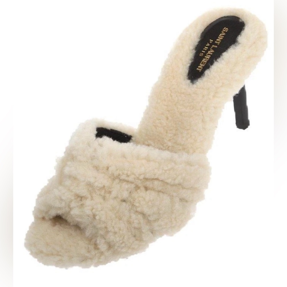 YSL SAINT LAURENT SHEARLING FUR TRIBUTE SANDALS HEELS SLIDES SHOES 39.5 - Picture 3 of 8